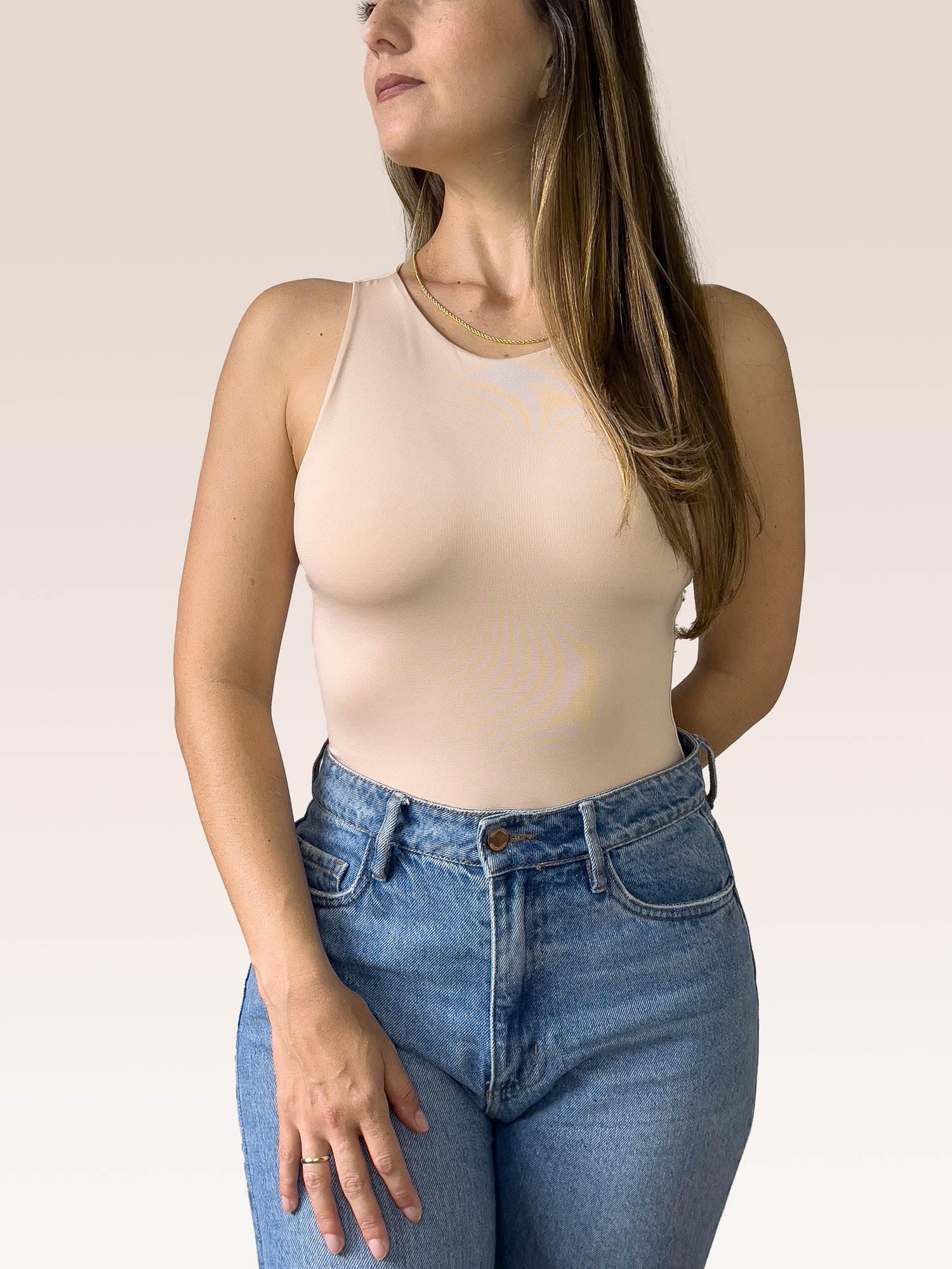 Body Básico Cuello Redondo Doble tela, Beige , Talla Única