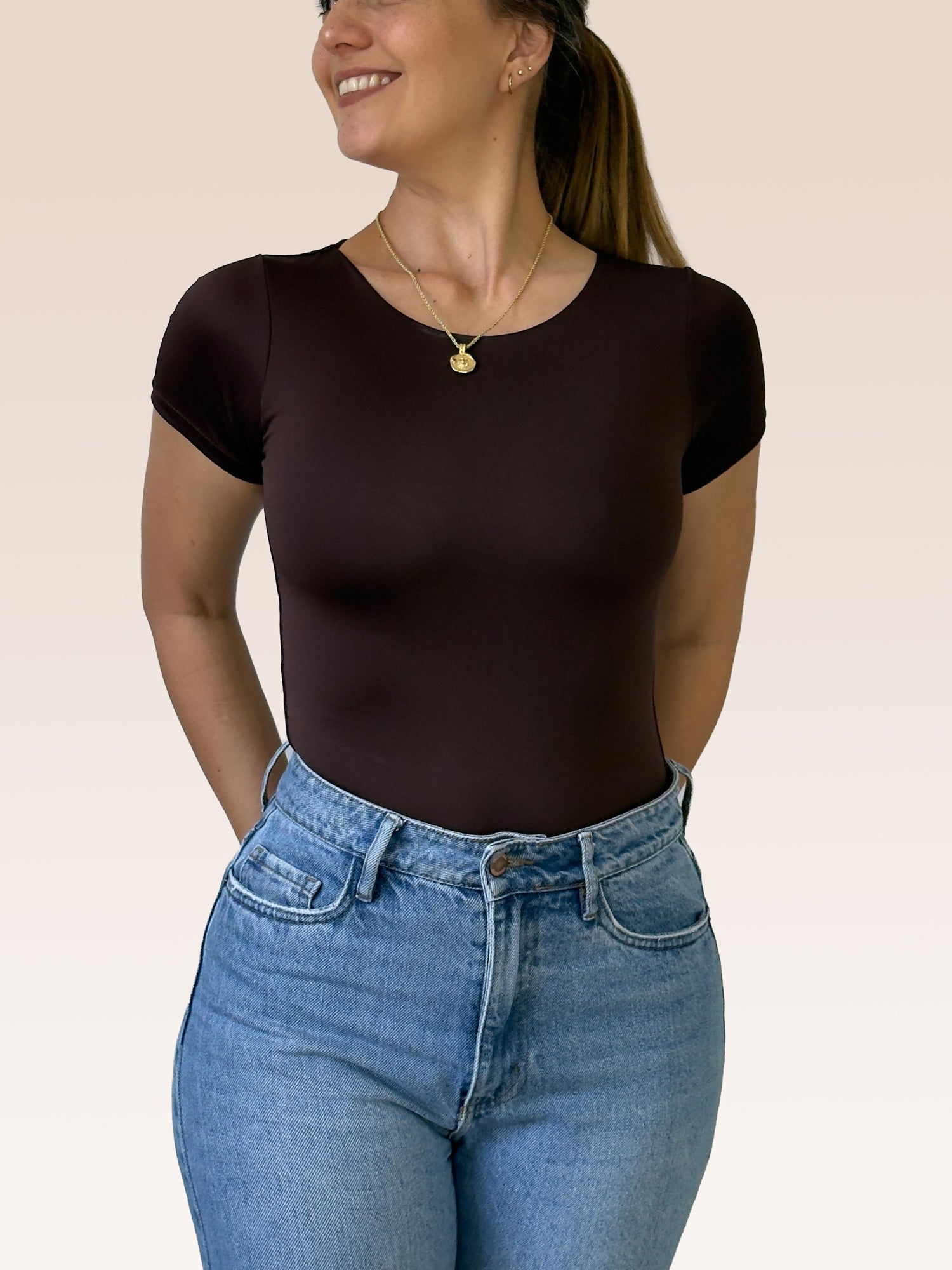 Body Manga Corta Doble tela Café Talla Única