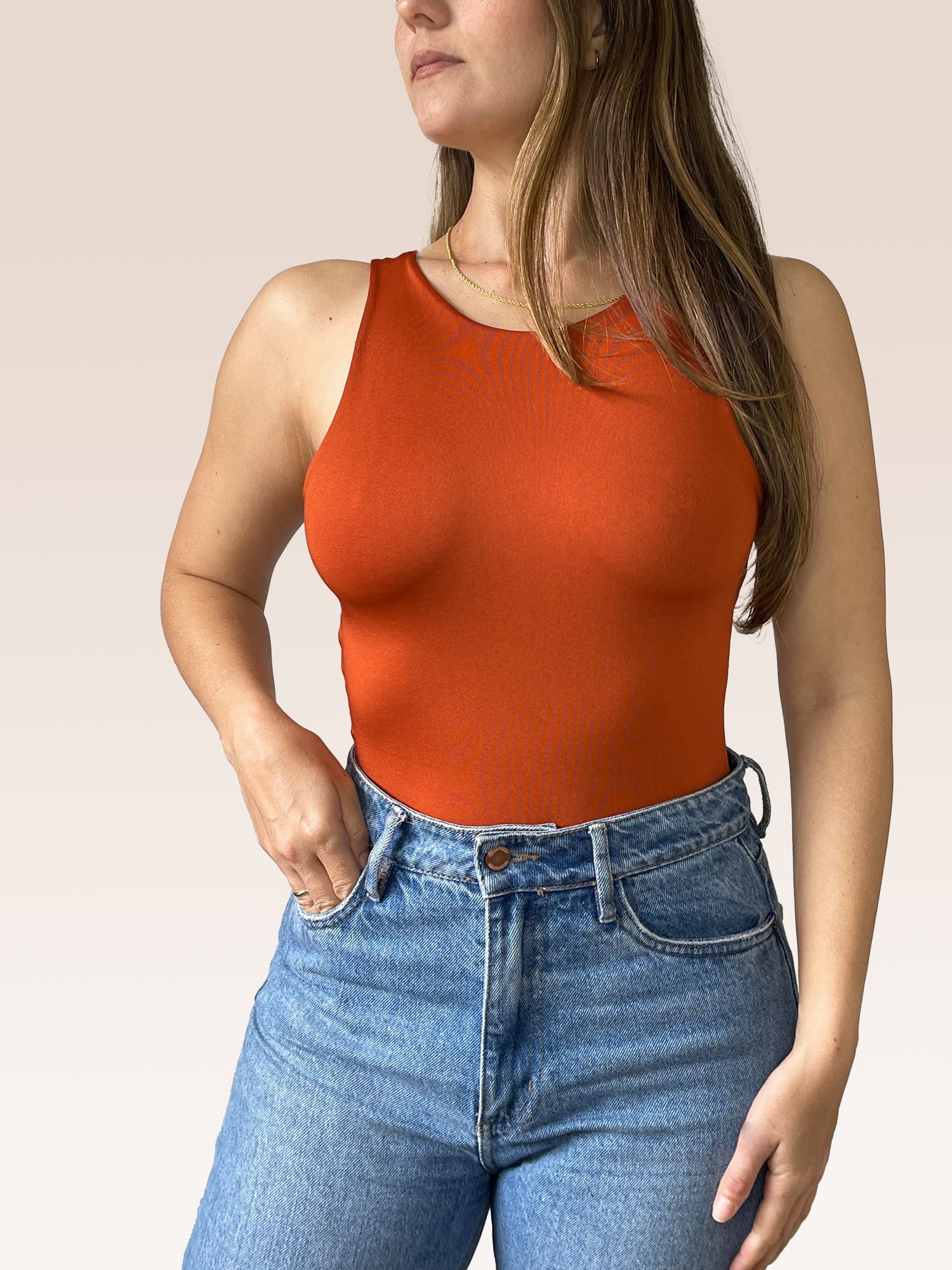 Body Básico Cuello Redondo Doble tela, Terracota , Talla Única