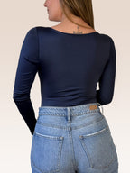 Body Manga Larga Escote Cuadrado Azul Oscuro , Espalda