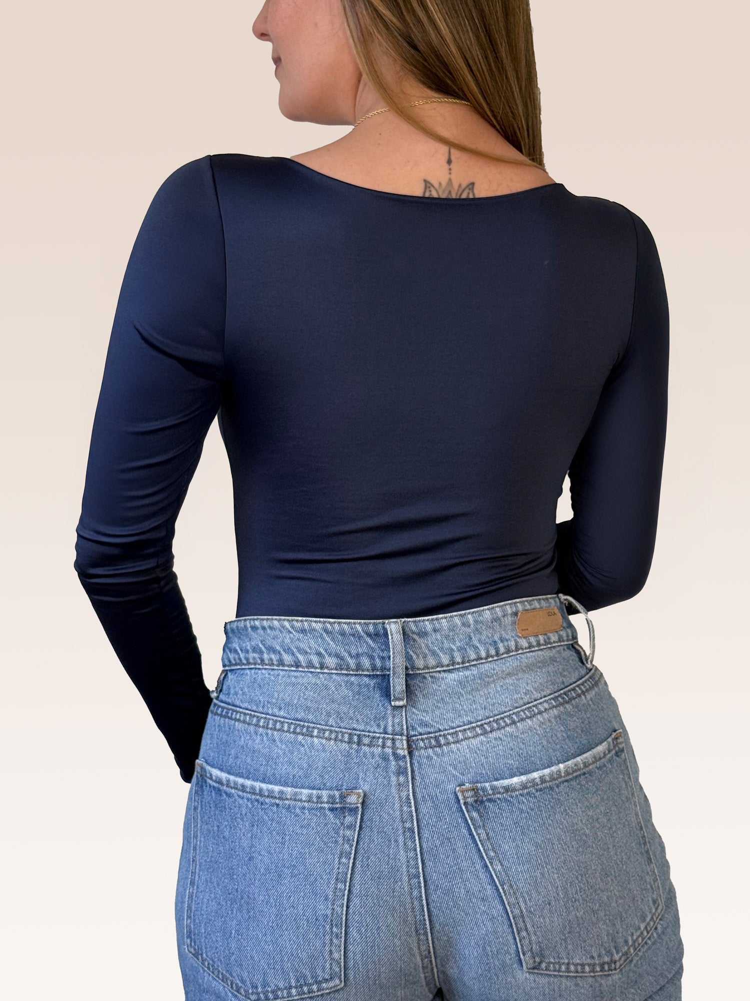 Body Manga Larga Escote Cuadrado Azul Oscuro , Espalda