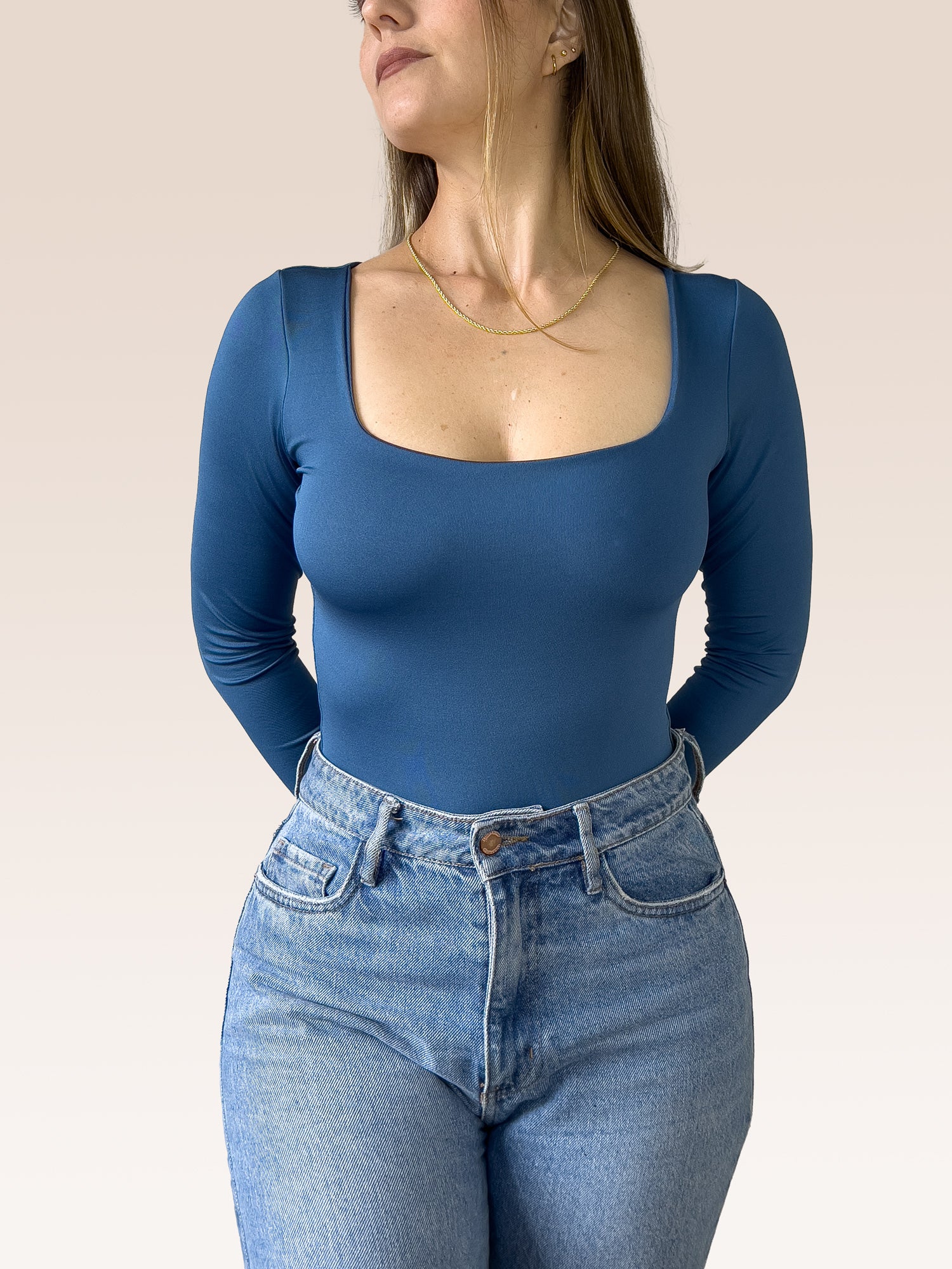 Body Manga Larga Escote Cuadrado AZUL PETRÓLEO , Frente 2
