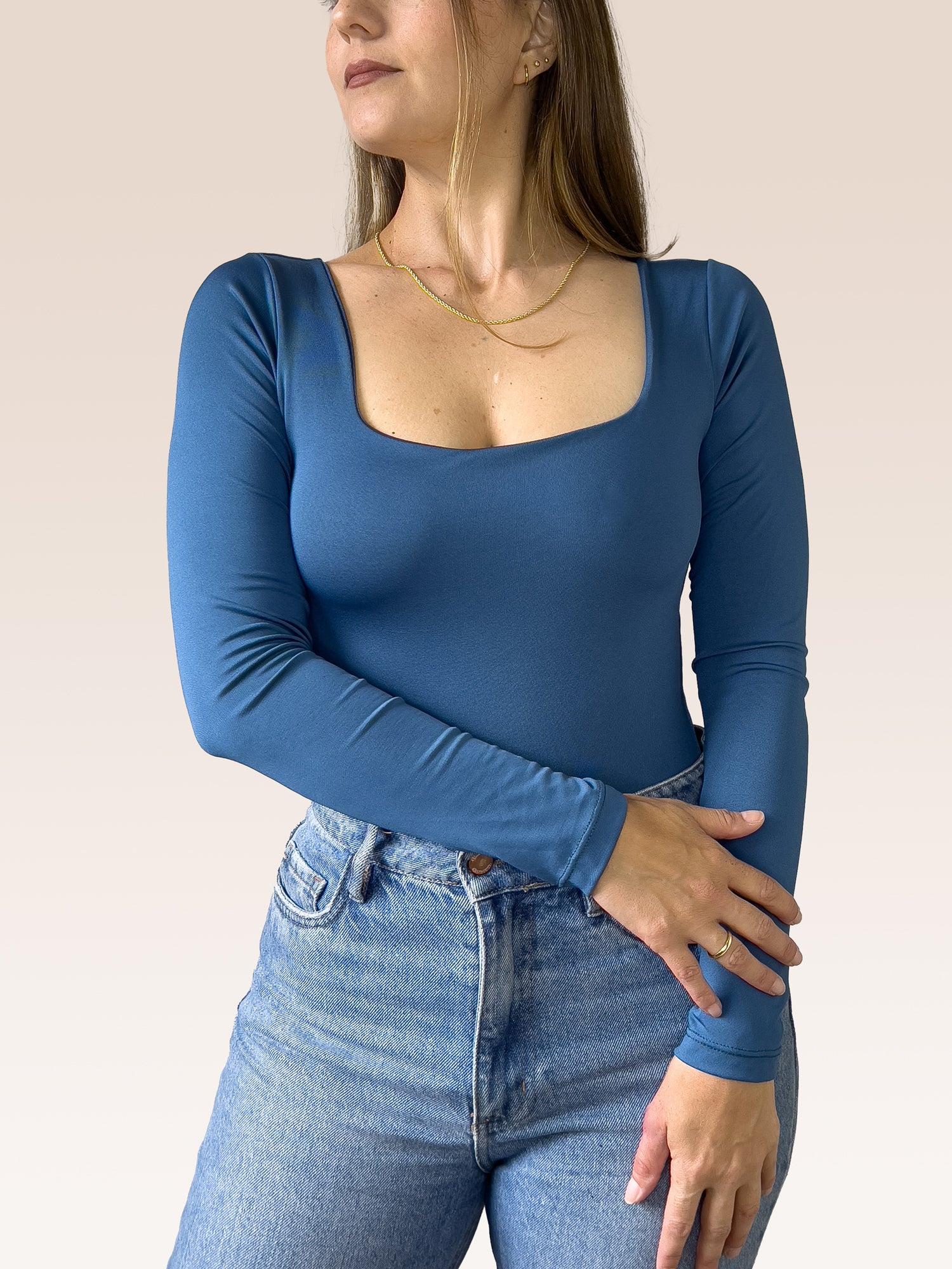 Body Manga Larga Escote Cuadrado AZUL PETRÓLEO , Frente