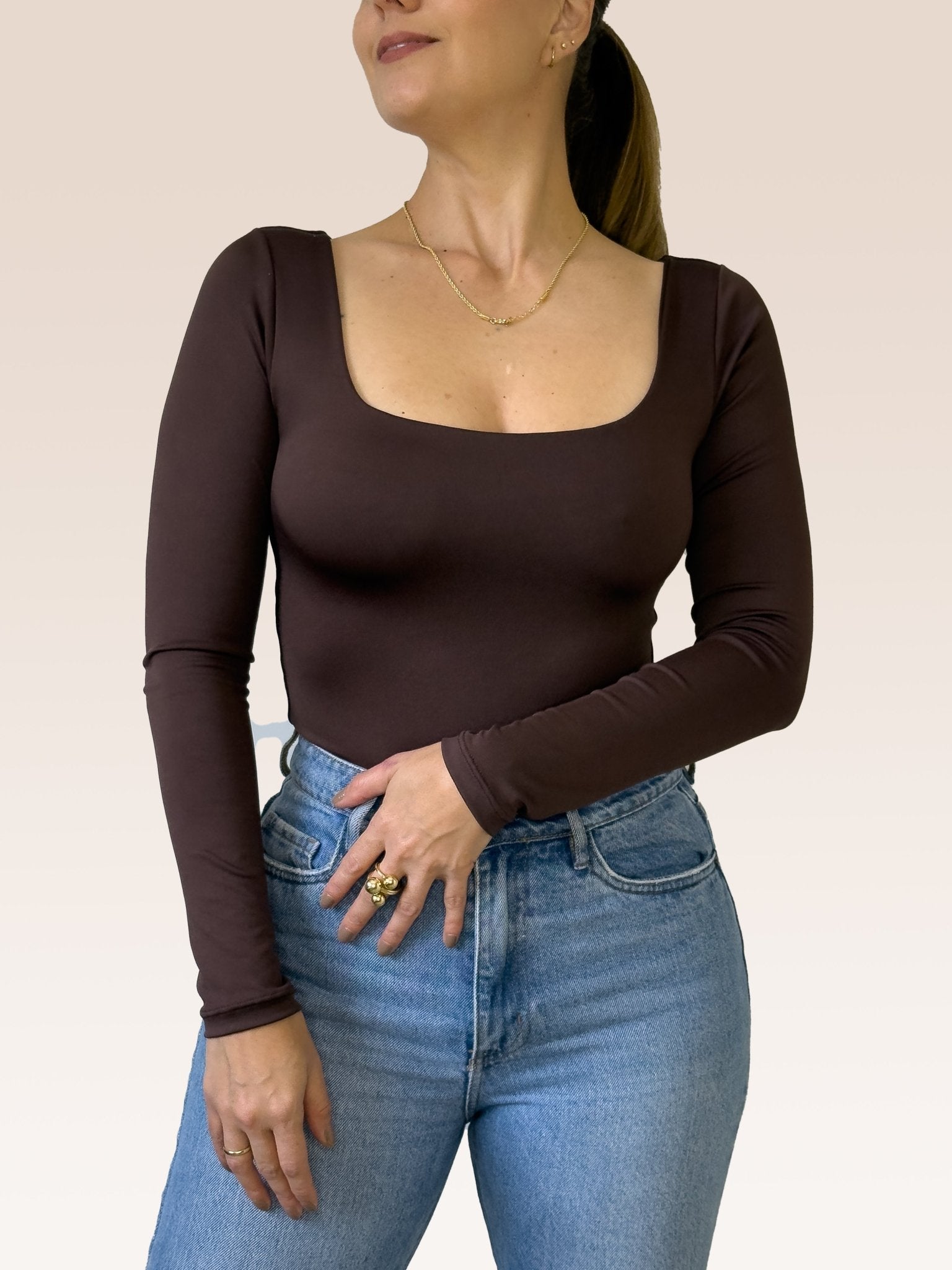 Body Manga Larga Escote Cuadrado CAFÉ , Frente