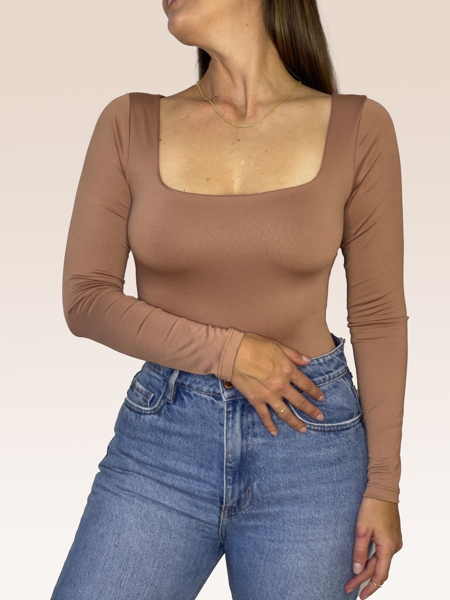 Body Manga Larga Escote Cuadrado CHOCOLATE , Frente