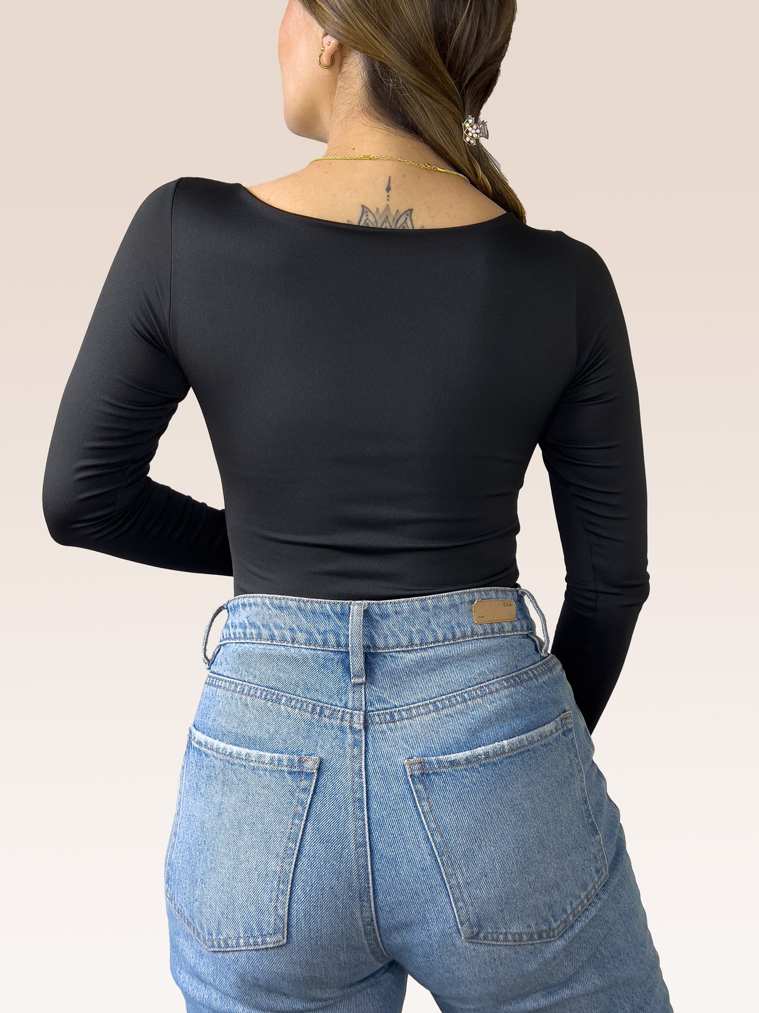 Body Manga Larga Escote Cuadrado NEGRO , Espalda