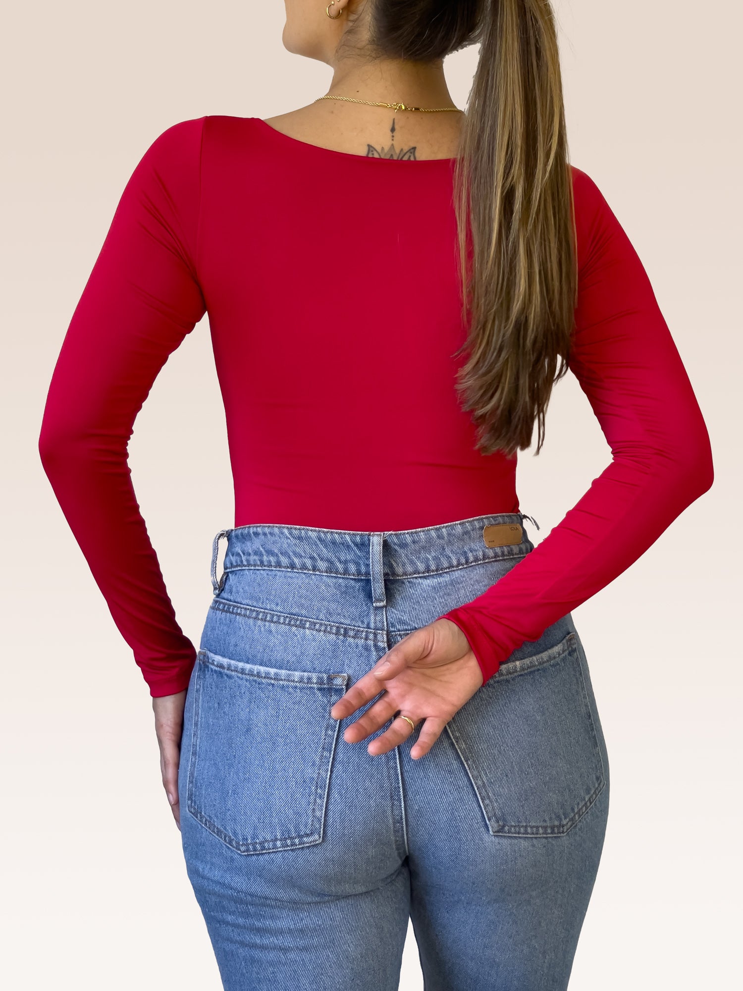 Body Manga Larga Escote Cuadrado ROJO , Espalda