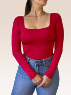 Body Manga Larga Escote Cuadrado ROJO , Frente