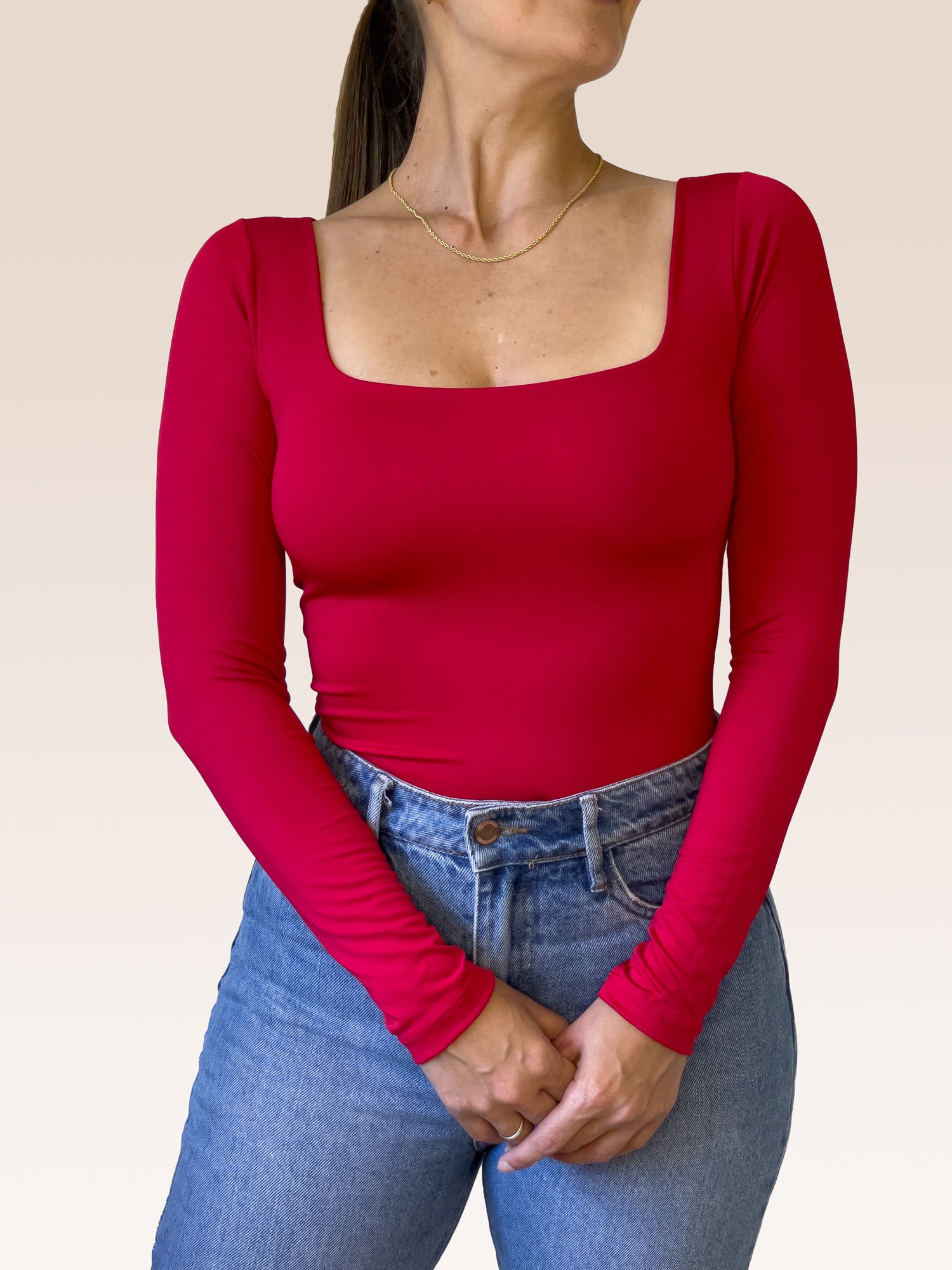 Body Manga Larga Escote Cuadrado ROJO , Frente