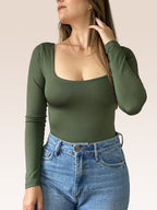 Body Manga Larga Escote Cuadrado VERDE MILITAR , Frente