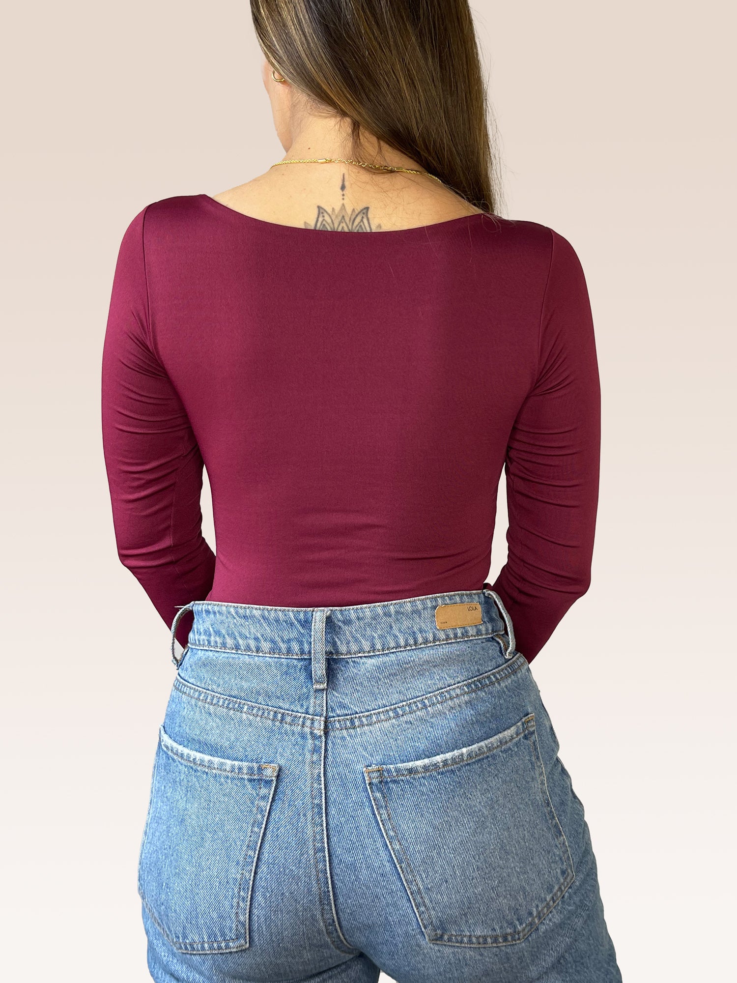 Body Manga Larga Escote Cuadrado VINOTINTO , Espalda