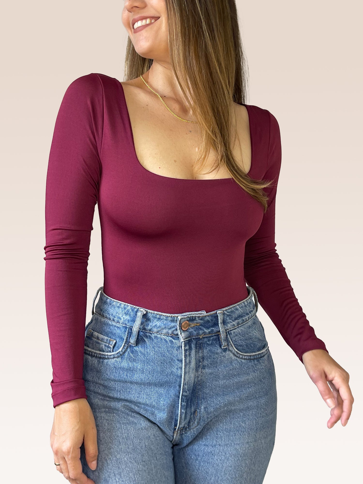 Body Manga Larga Escote Cuadrado VINOTINTO , Frente
