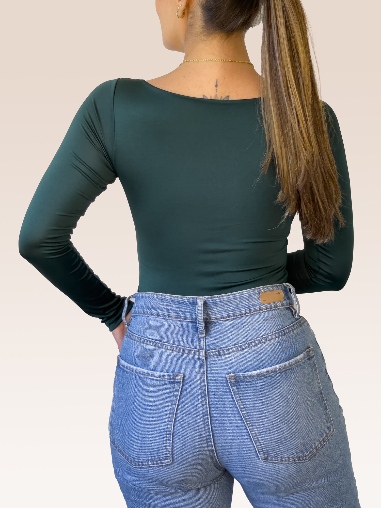 Body Manga Larga Escote Cuadrado VERDE OSCURO , Espalda