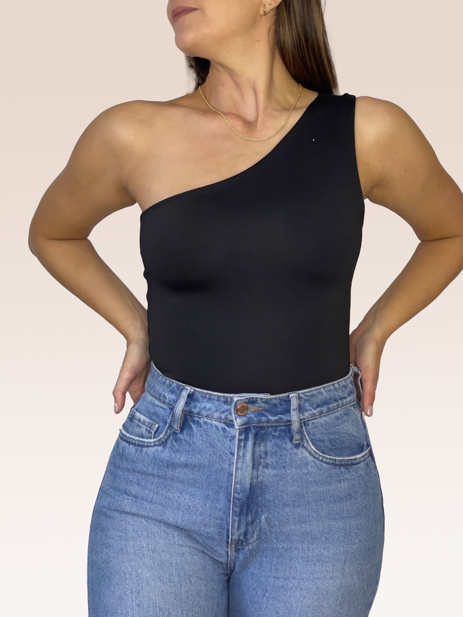 Body de un solo Hombro doble tela Negro Talla Única