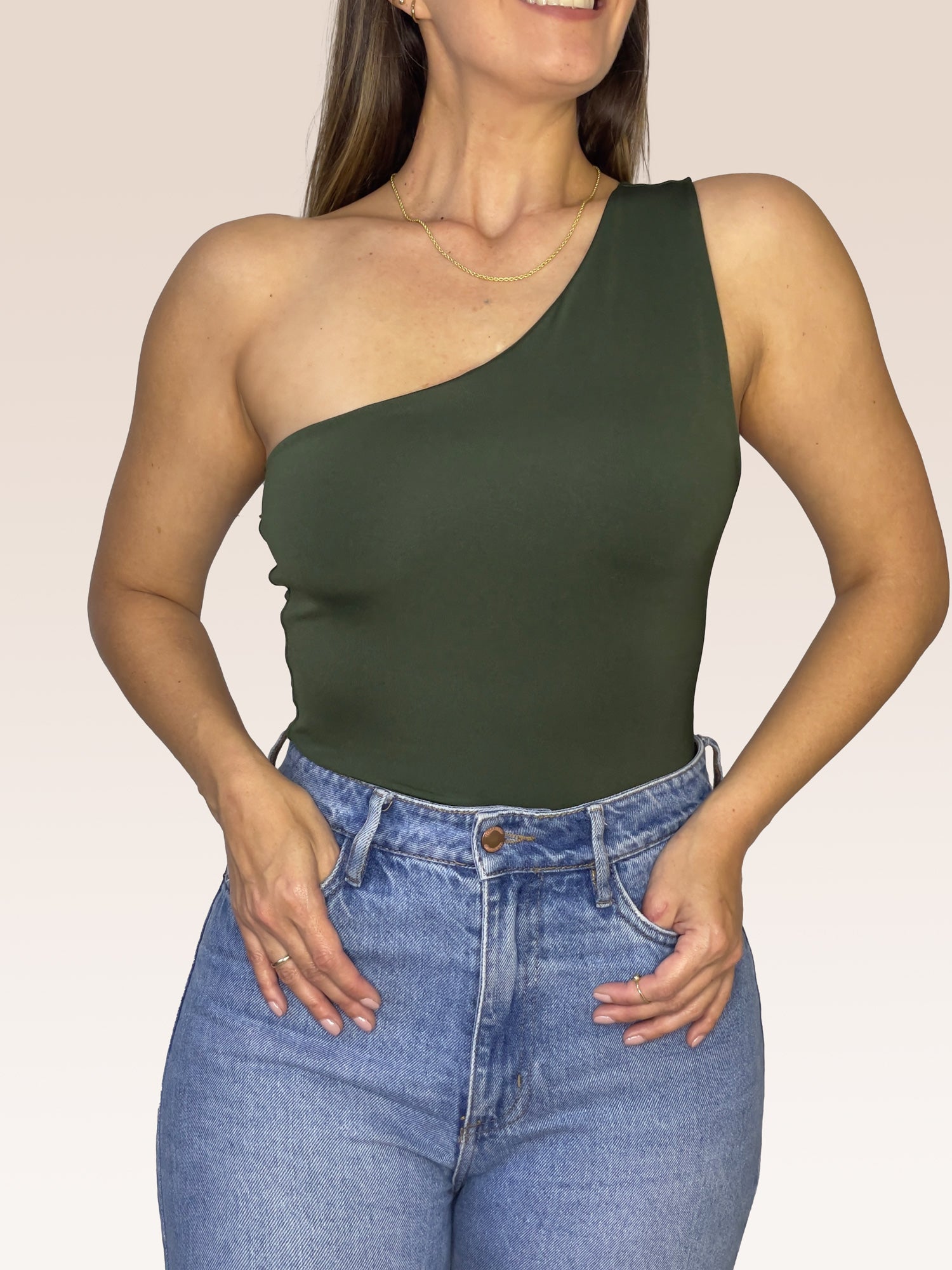 Body de un solo Hombro doble tela Verde Militar Talla Única