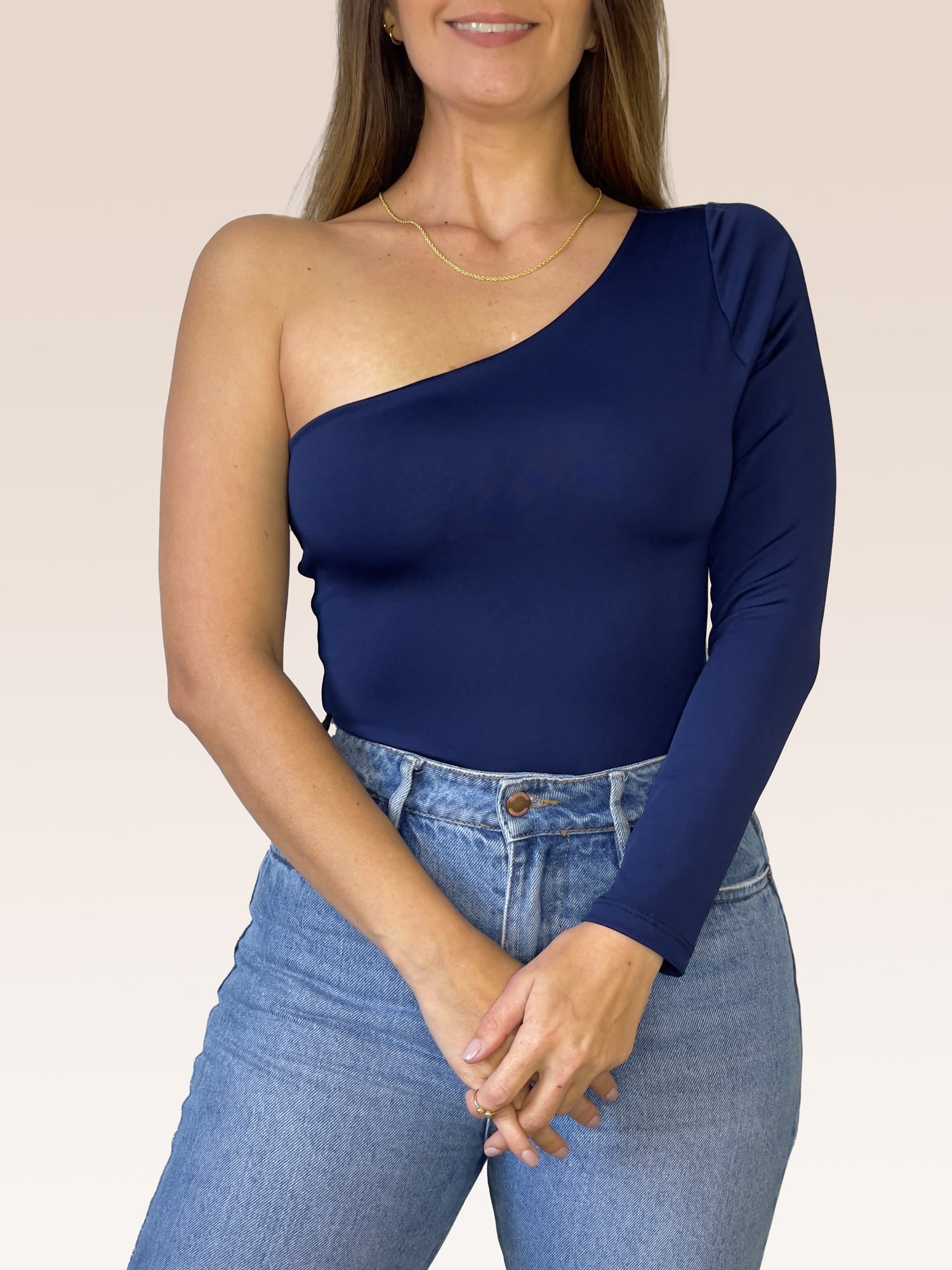 Body de un solo Hombro Manga Larga doble tela Azul Oscuro Talla Única