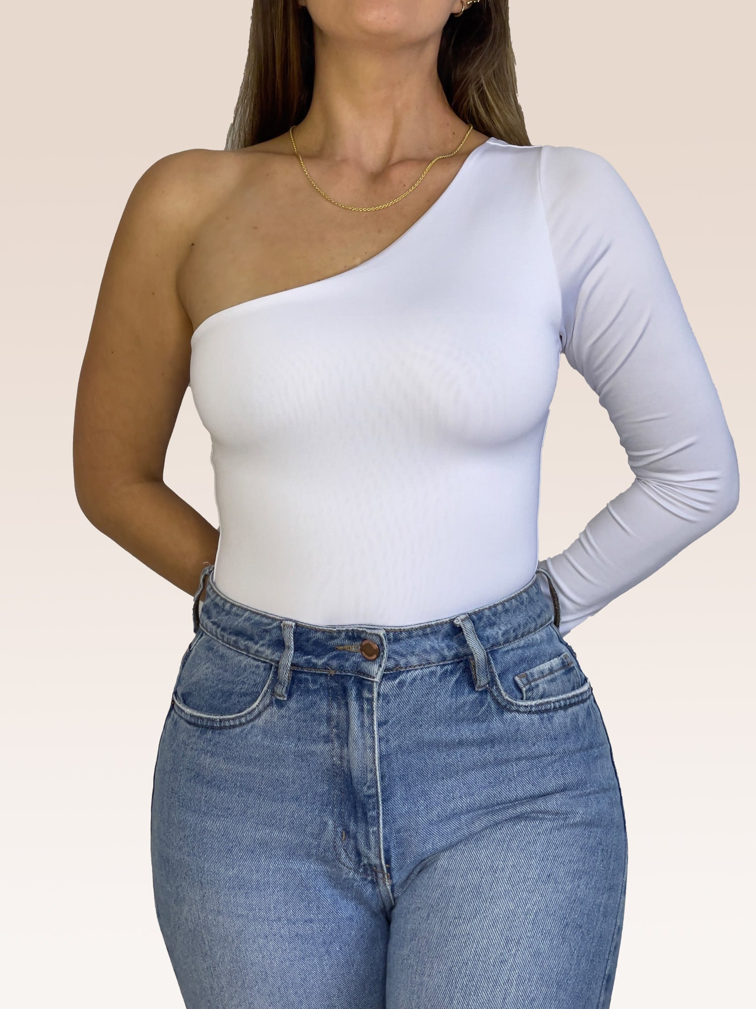 Body de un solo Hombro Manga Larga doble tela Blanco Talla Única