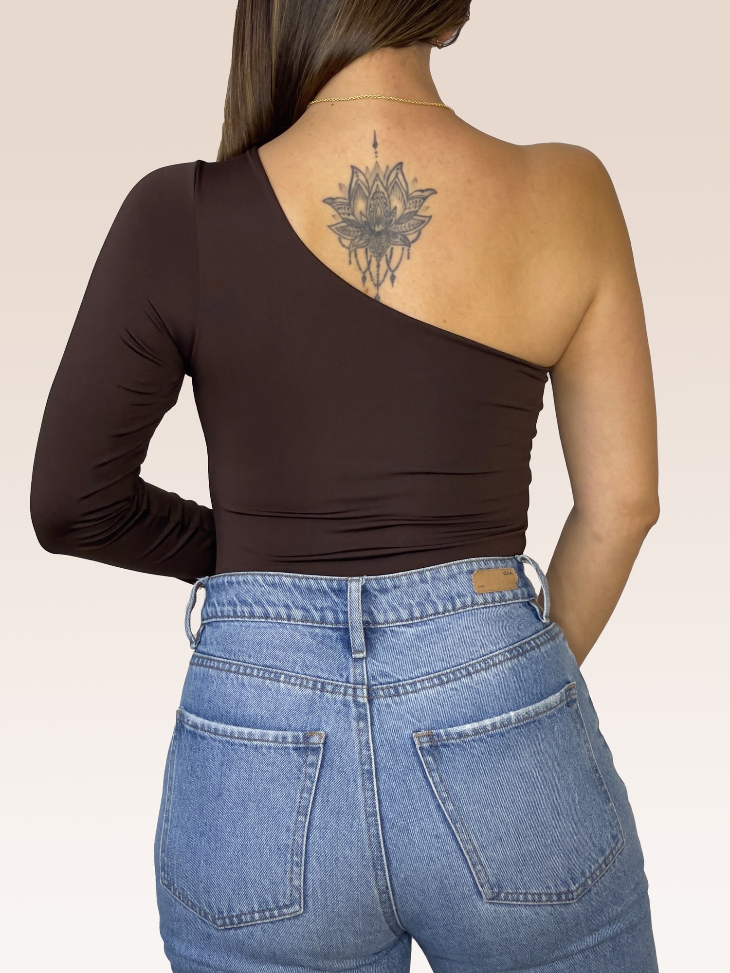 Body de un solo Hombro Manga Larga doble tela Café Talla Única