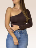 Body de un solo Hombro Manga Larga doble tela Café Talla Única