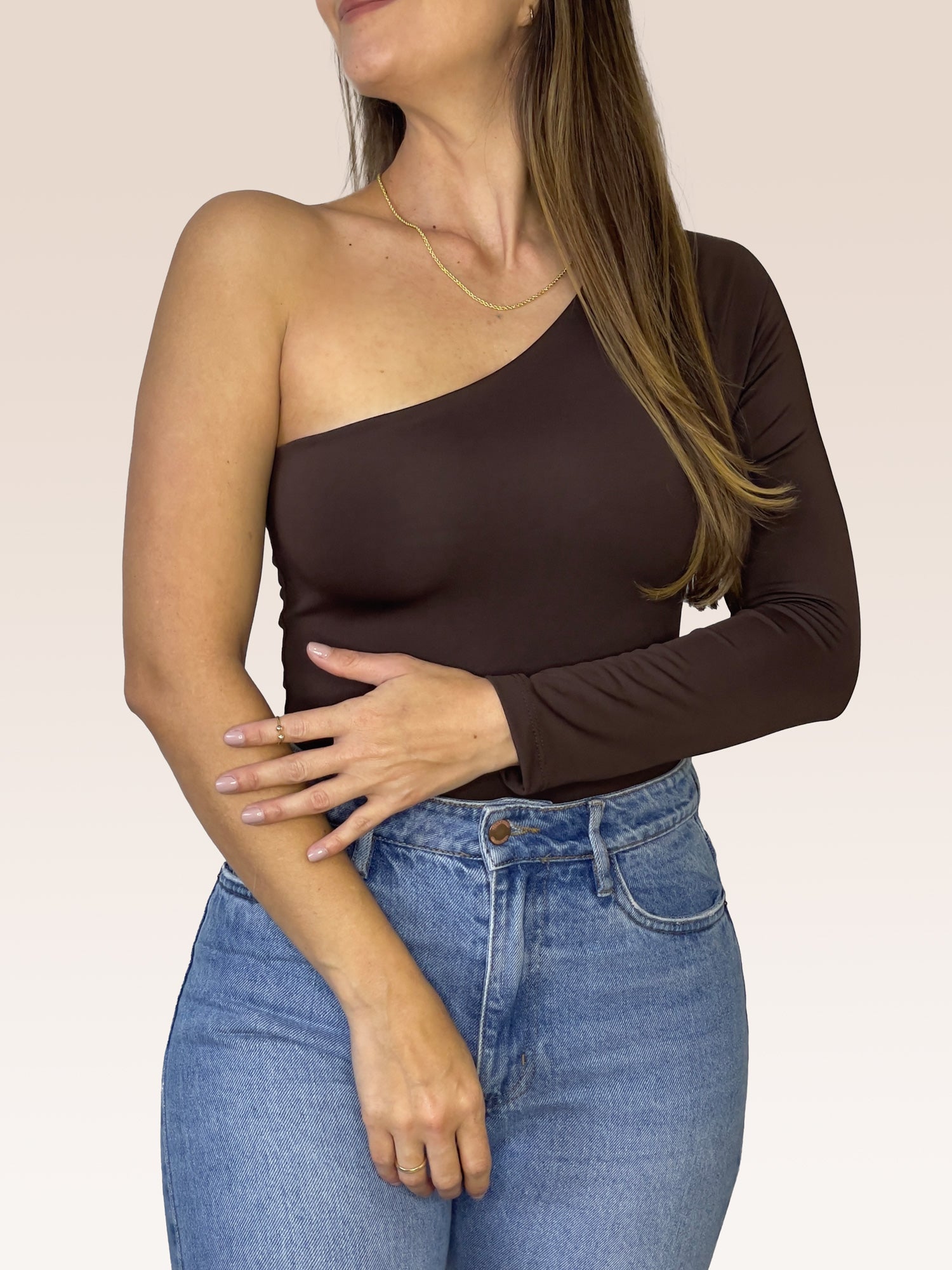 Body de un solo Hombro Manga Larga doble tela Café Talla Única