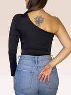 Body de un solo Hombro Manga Larga doble tela Negro Talla Única