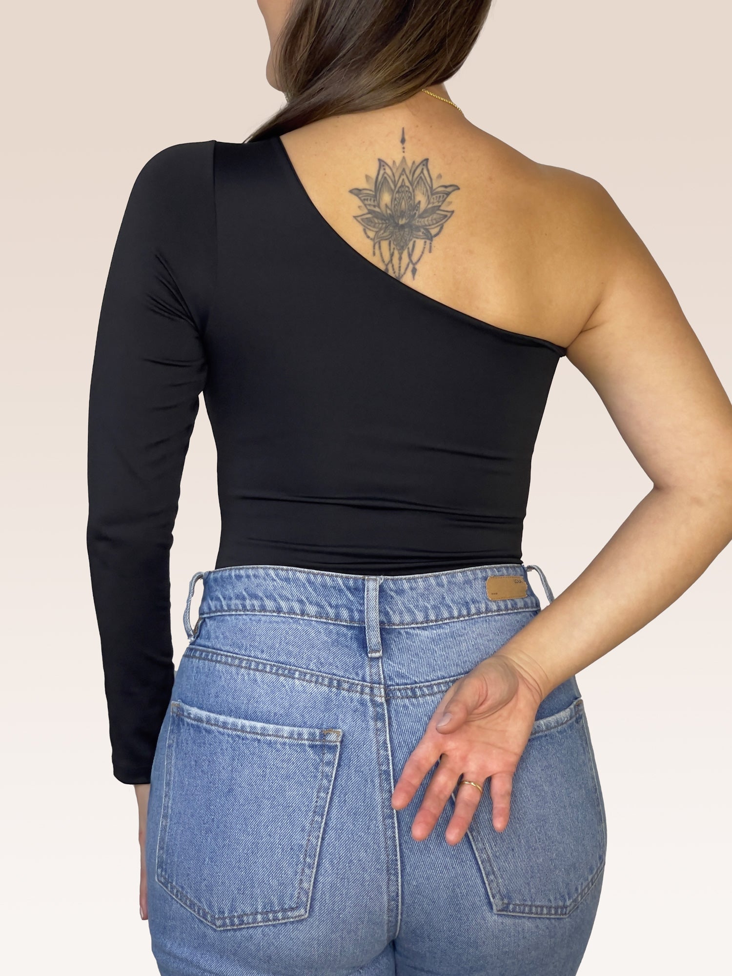 Body de un solo Hombro Manga Larga doble tela Negro Talla Única