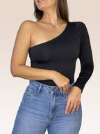 Body de un solo Hombro Manga Larga doble tela Negro Talla Única
