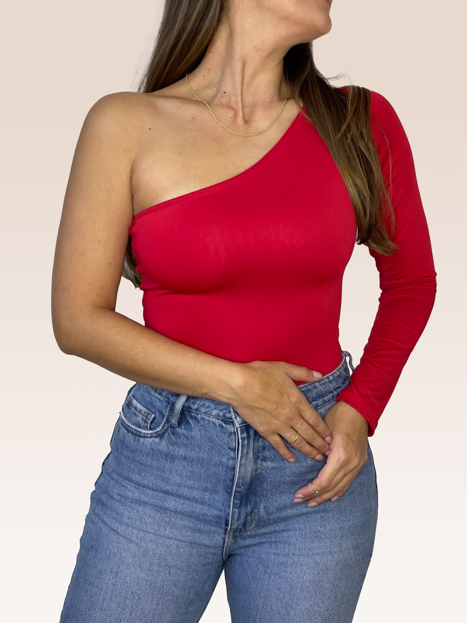 Body de un solo Hombro Manga Larga doble tela Rojo Talla Única