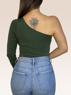 Body de un solo Hombro Manga Larga doble tela Verde Militar Talla Única