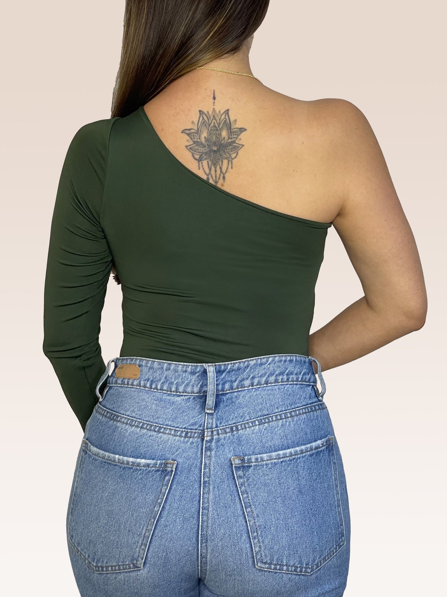 Body de un solo Hombro Manga Larga doble tela Verde Militar Talla Única