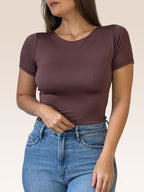 Blusa Básica Manga Corta Doble Tela Café