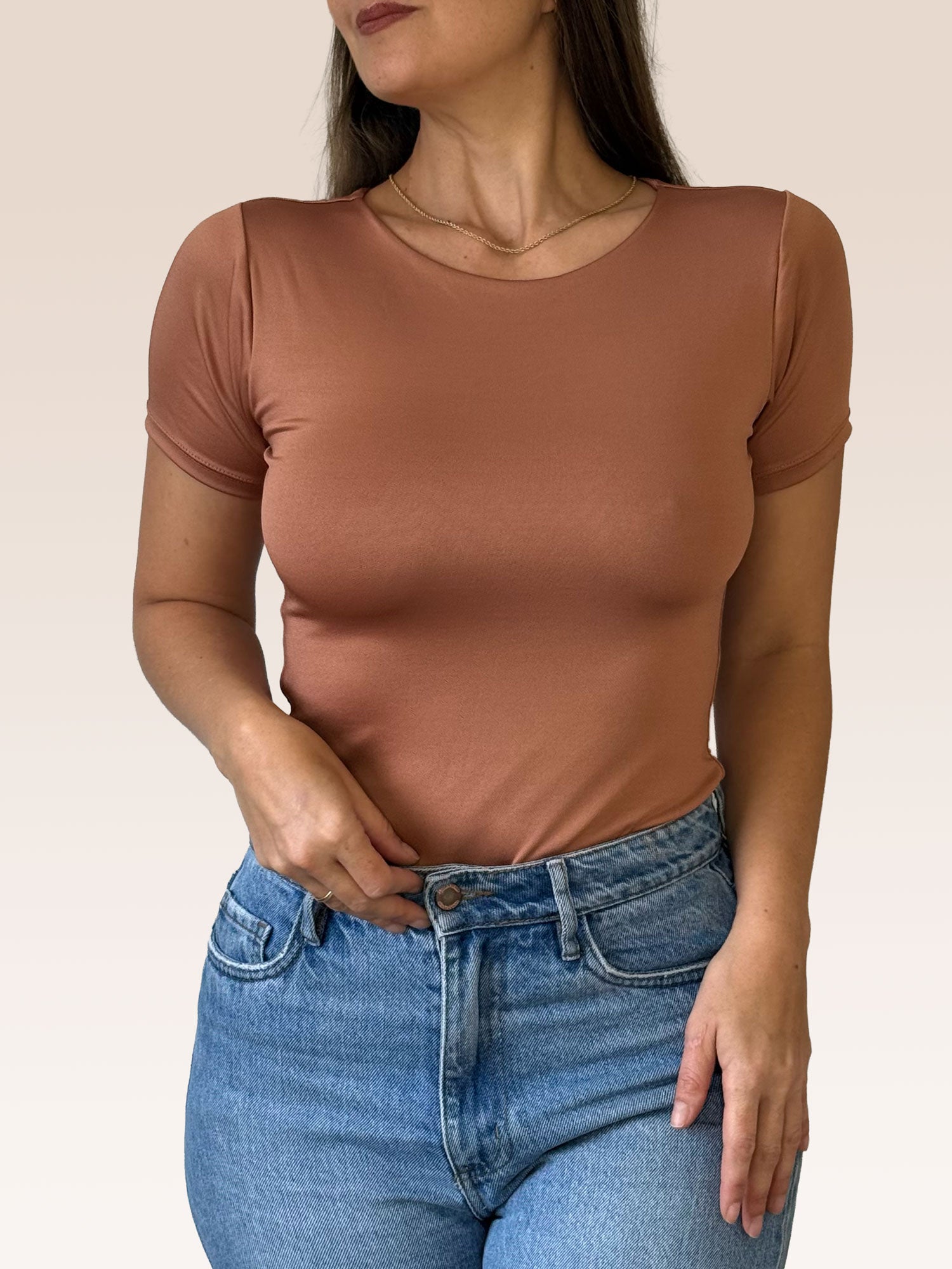 Blusa Básica Manga Corta Doble Tela Caramelo