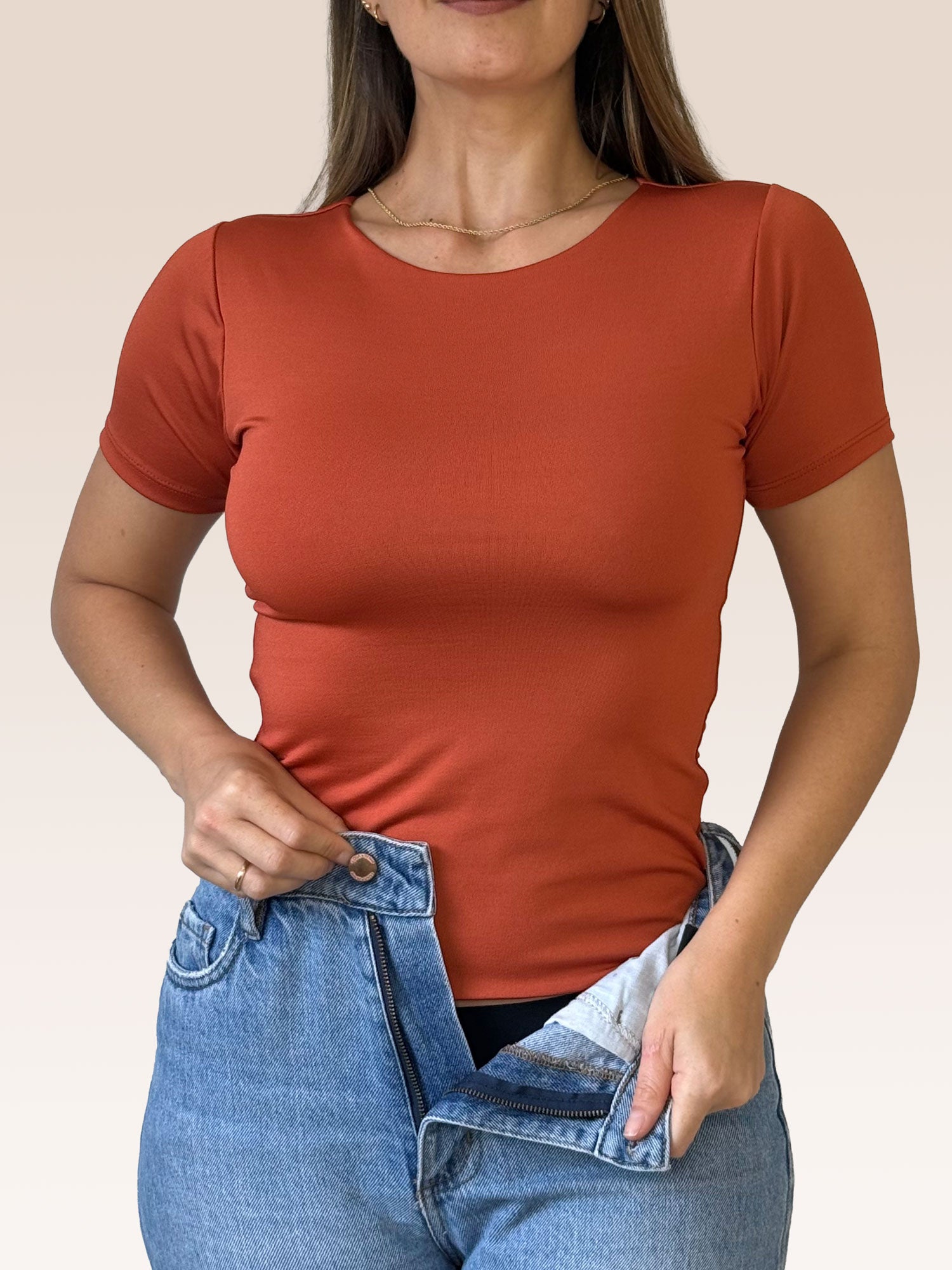 Blusa Básica Manga Corta Doble Tela Terracota