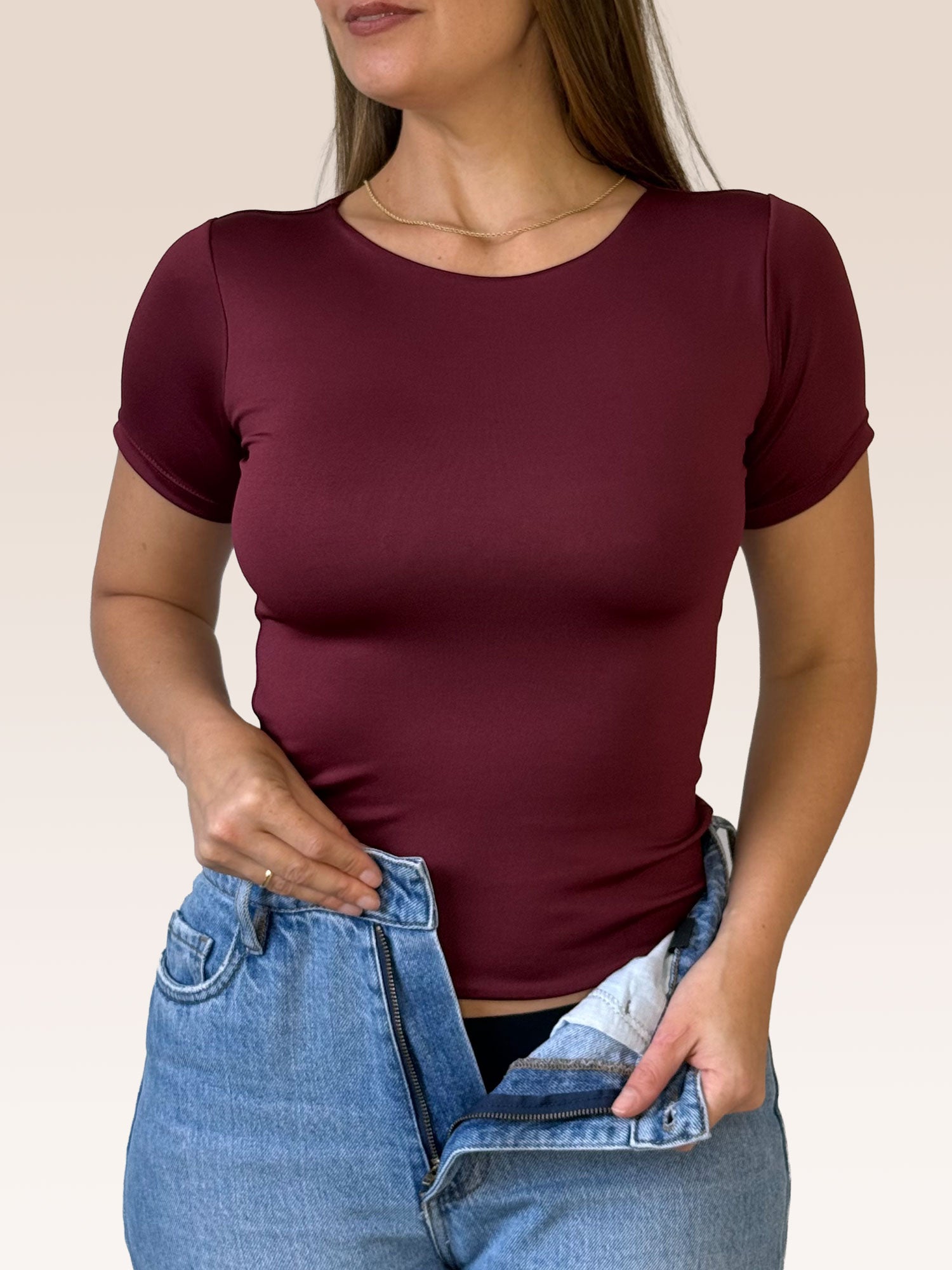 Blusa Básica Manga Corta Doble Tela Vinotinto