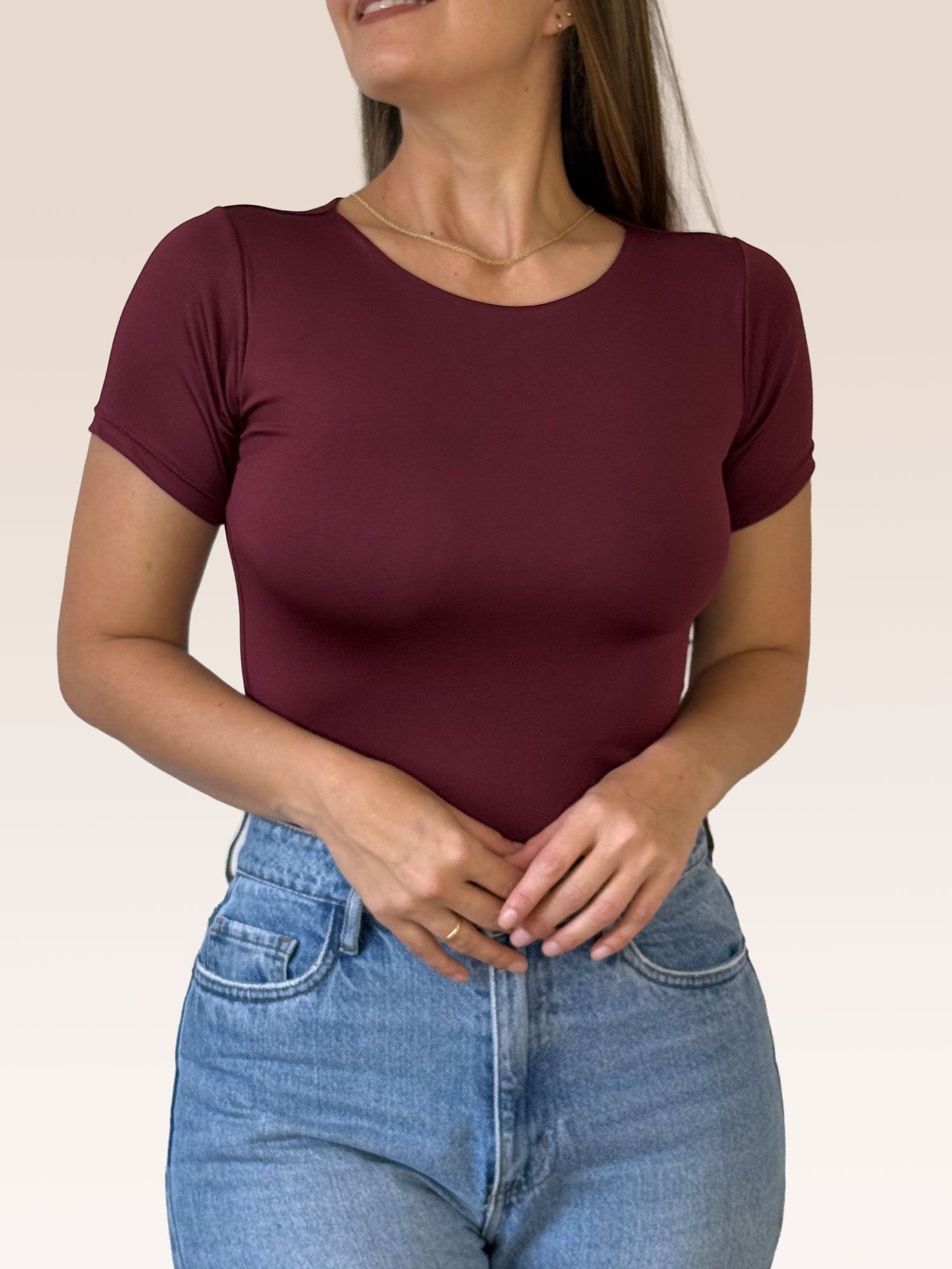 Blusa Básica Manga Corta Doble Tela Vinotinto