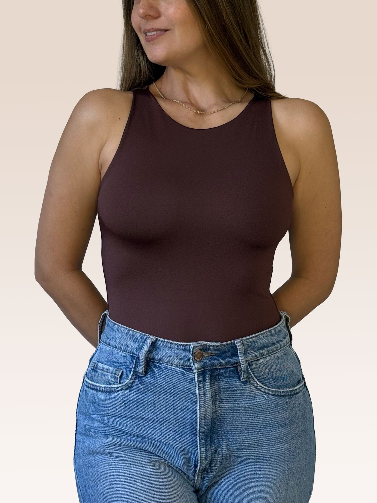 Body Básico Cuello Redondo Doble tela, Café , Talla Única